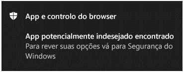 Uma notificação de controlo de browser e aplicação a informar o cliente de que foi encontrada uma aplicação potencialmente indesejada.