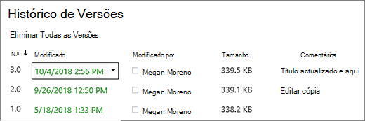 Caixa de diálogo História da versão com 3 versões.