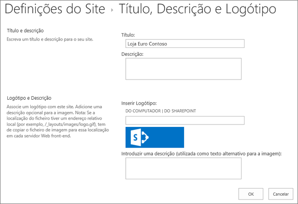 Página de definições de título, descrição e logótipo