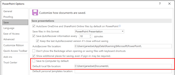 Uma captura de ecrã da caixa de diálogo Opções do PowerPoint a realçar a secção para personalizar a localização predefinida