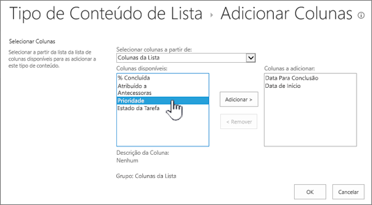 Adicione a página de colunas com uma coluna disponível realçada