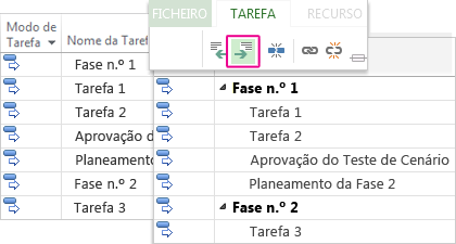 Uma lista de tarefas com tarefas de resumo e subtarefas no Gráfico Gantt