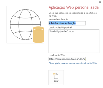 A caixa de diálogo da nova aplicação Web personalizada a mostrar o Site de Equipa da Contoso na caixa Localizações Disponíveis.