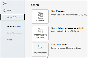 Selecione Abrir e Exportar e, em seguida, Importar/Exportar