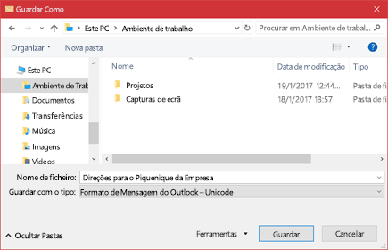 Pode guardar uma mensagem de e-mail existente como um ficheiro.