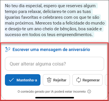 Algum texto "Após cuidadosa consideração" do rascunho de e-mail através do Copilot no iOS e Android