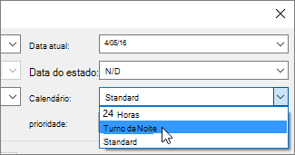 Lista Calendário na caixa de diálogo Informação do Projeto