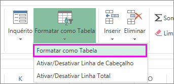 Botão para formatar dados como uma tabela