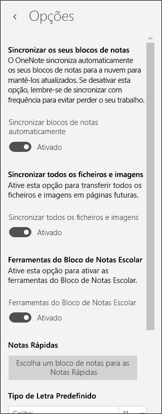 Opções para as ferramentas do Blocos de Notas Escolares