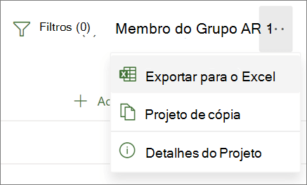 Imagem do menu no Project na Web a mostrar a opção Exportar para o Excel