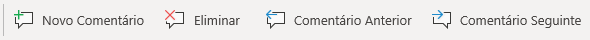Os botões de Comentário no Windows Mobile: Criar Novo Comentário, Eliminar Comentário Atual, Ir Para o Comentário Anterior e Ir Para o Comentário Seguinte