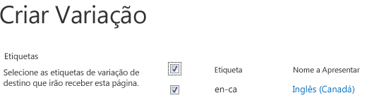 Screen shot with checkboxs showing the variation sites that should receive content updates. São incluídas etiquetas de variação e os nomes a apresentar correspondentes