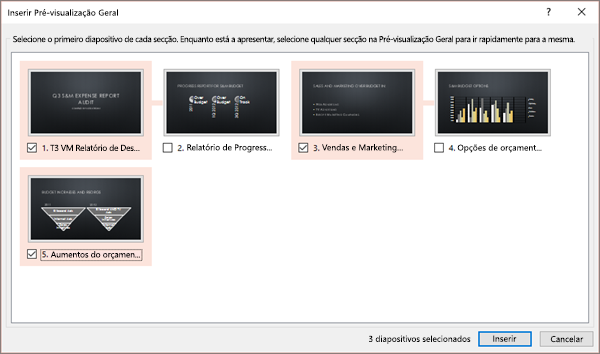 Mostra a caixa de diálogo Inserir Pré-visualização Geral no PowerPoint para uma apresentação sem secções existentes.