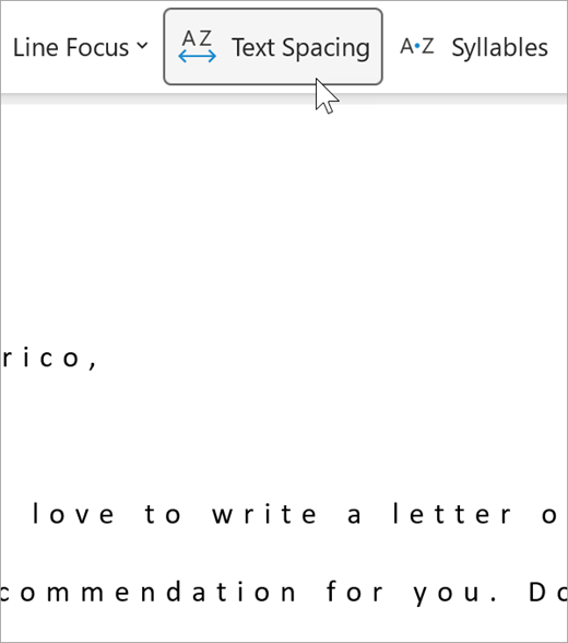 Captura de ecrã da opção de espaçamento de texto da leitura avançada. Existe uma maior distância entre letras e entre palavras