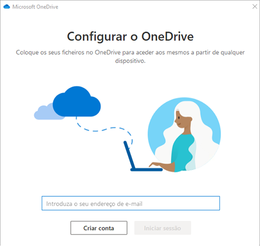 Captura de ecrã a mostrar o primeiro ecrã de Configuração do OneDrive