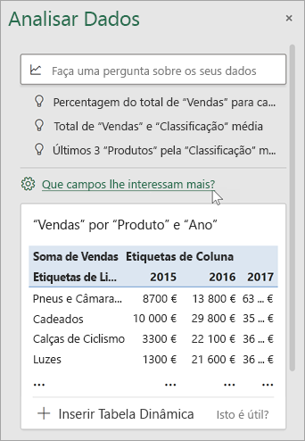 Painel Análise de dados com a ligação para especificar os campos a utilizar.