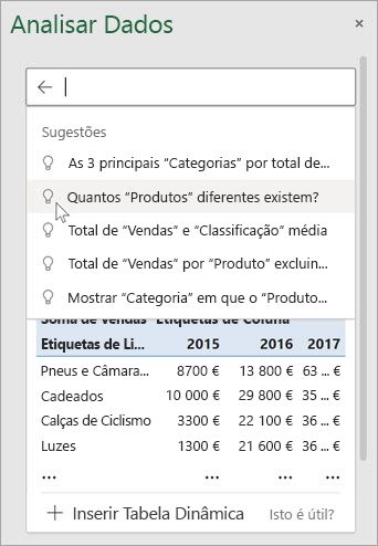 A Análise de dados no Excel irá fornecer-lhe perguntas sugeridas com base numa análise dos seus dados.