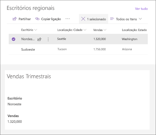 Exemplo de uma lista ligada a uma peça Web Propriedades da lista