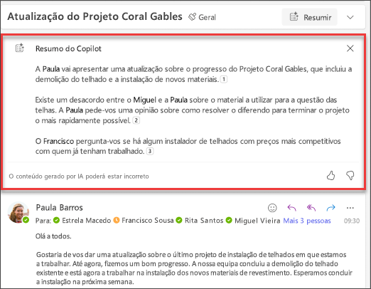 Resumo da conversação de e-mail com citações criadas pelo Copilot.