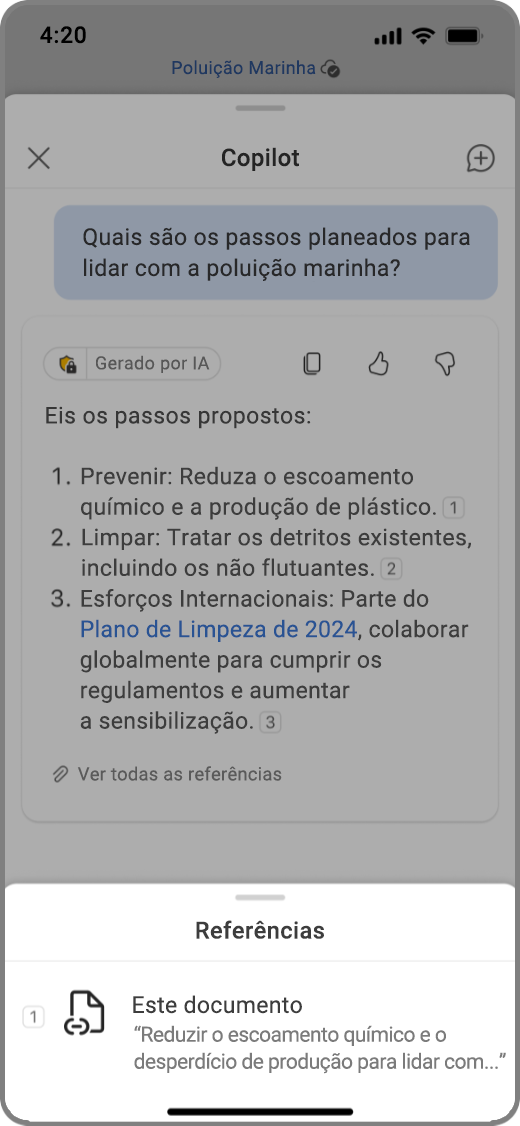 Captura de ecrã do Copilot no Word no dispositivo iOS com o resultado do Copilot e as suas referências