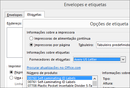Escolher um esquema compatível com Avery na caixa de diálogo Opções de Etiqueta