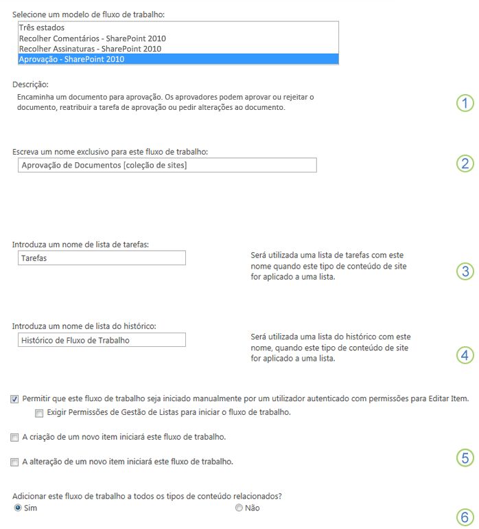 Página de configuração do fluxo de trabalho