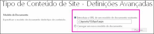 Adicionar caixas de texto de Modelo na página Definições Avançadas para um tipo de conteúdo