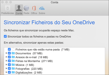 Caixa de diálogo de Pastas de Sincronização do OneDrive para Mac