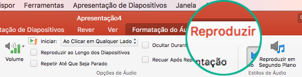 Quando um clip de áudio estiver selecionado num diapositivo, o separador Reproduzir é apresentado no friso da barra de ferramentas para definir opções de reprodução.