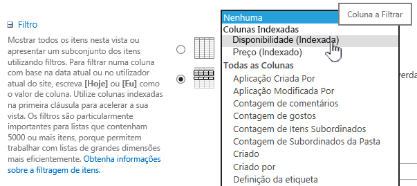 No SharePoint Online, selecione um campo indexado