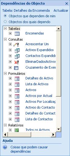 O painel Dependências do Objecto