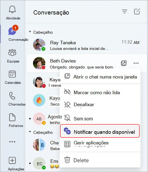 Captura de ecrã a mostrar como ser notificado quando o estado de alguém é alterado a partir de uma conversa.