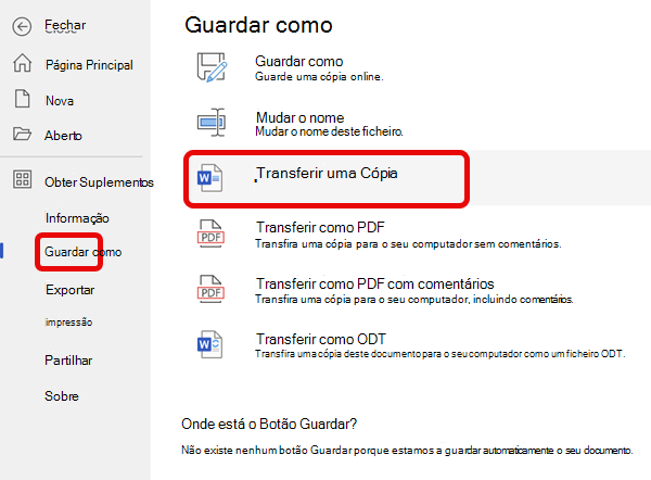 Transferência de SaveAs do OneDrive