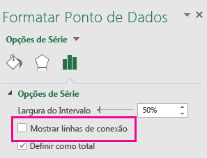 O painel de tarefas Formatar Ponto de Dados com a caixa Mostrar Linhas de Conetor desmarcada no Office 2016