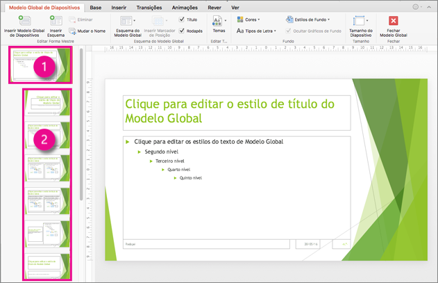 Modelo global de diapositivos e esquemas de diapositivo