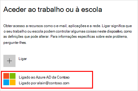 Captura de ecrã a mostrar a janela "Aceder a trabalho ou escola" com a conta "Ligado ao Azure AD" (da sua organização) selecionada