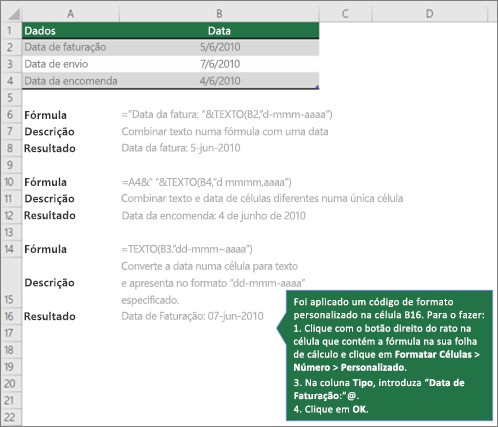 Exemplos para mostrar como as fórmulas podem combinar texto com valores de data e hora