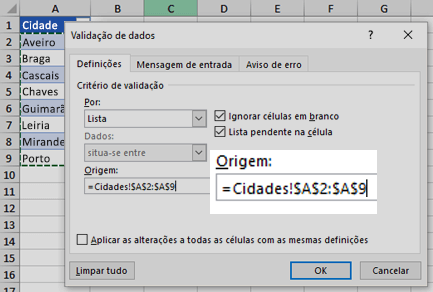 Opções da Lista de Validação de Dados