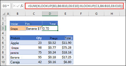 Utilizar a função PROCX com SOMA para totalizar um intervalo de valores que se enquadram entre duas seleções