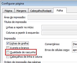 Separador Folha na caixa de diálogo Configurar Página