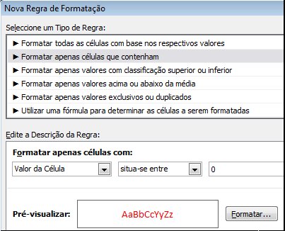 Regra de formatação condicional que apresenta os números menores que 0 com texto a vermelho