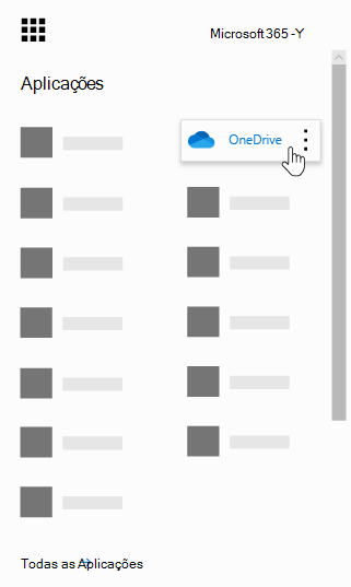 O iniciador de aplicações do Office 365 com a aplicação OneDrive realçada