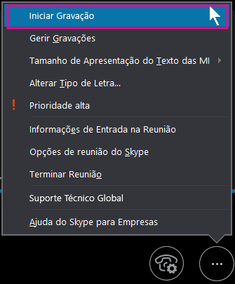 Durante a sua reunião no Skype para Empresas, clique em Iniciar Gravação