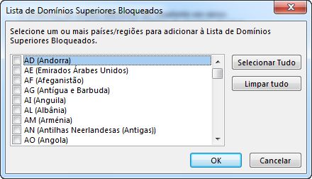 Caixa de diálogo Lista de Domínios Superiores Bloqueados