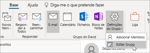 Uma captura de écran do botão Definições de Grupo no friso.