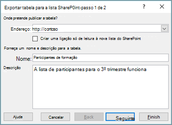 Caixa de diálogo do assistente de exportação para o SharePoint