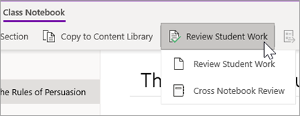 Botão Rever Trabalho dos Estudantes. Reveja Trabalho dos Estudantes e Revisão entre Blocos de Notas são opções.