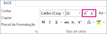 Caixa Aumentar e Diminuir Tamanho do Tipo de letra no separador Base