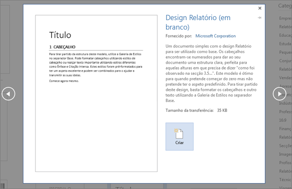 Mostra a pré-visualização de um modelo com estrutura de Relatório no Word 2016.