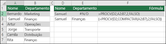 Utilize a função PROCV com COMPACTAR numa fórmula de matriz para remover espaços à esquerda ou à direita.  A fórmula na célula E3 é {=PROCV(D2;COMPACTAR(A2:B7);2;FALSO)} e tem de ser introduzida com Ctrl+Shift+Enter.